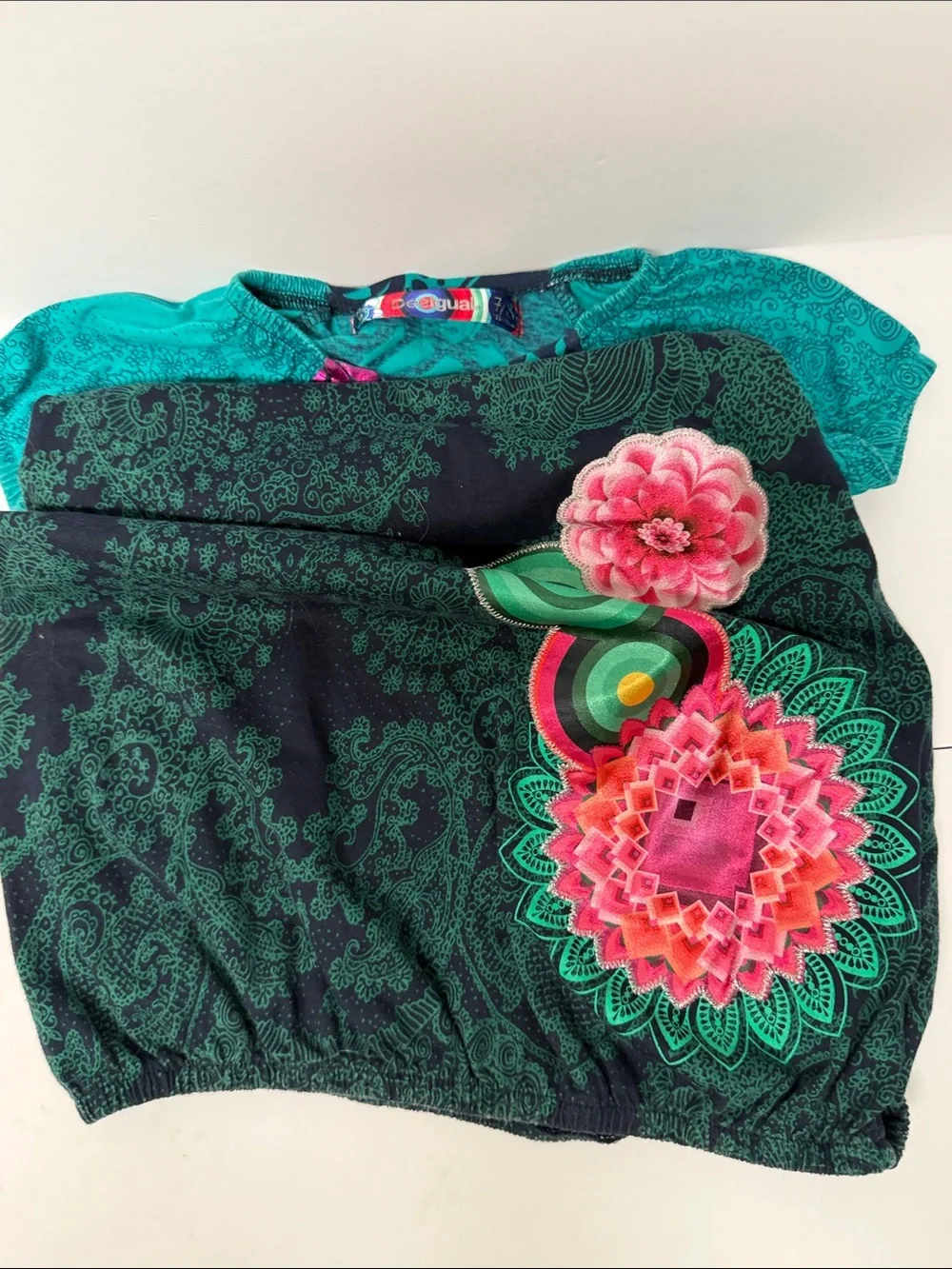 Desigual Girls Teal, Pink & Navy Floral Graphic Abstract Print Dress Size 7/8